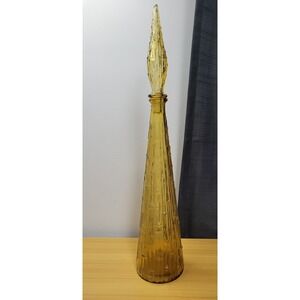 Textured Amber Glass Genie Bottle Vintage Wax Drip Empoli Decanter w Stopper MCM